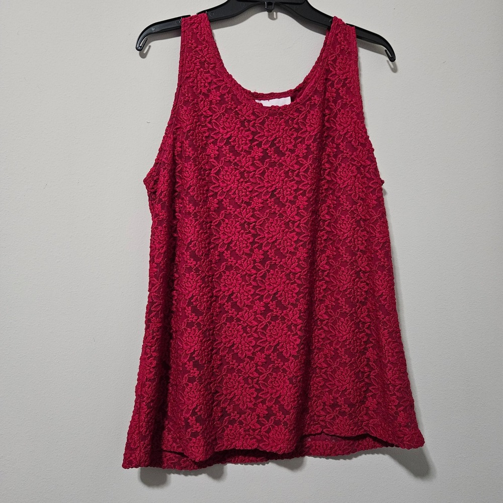 Susan Graver Style Red Floral Lace Tank Top Sleeveless Lined Plus Size 1X